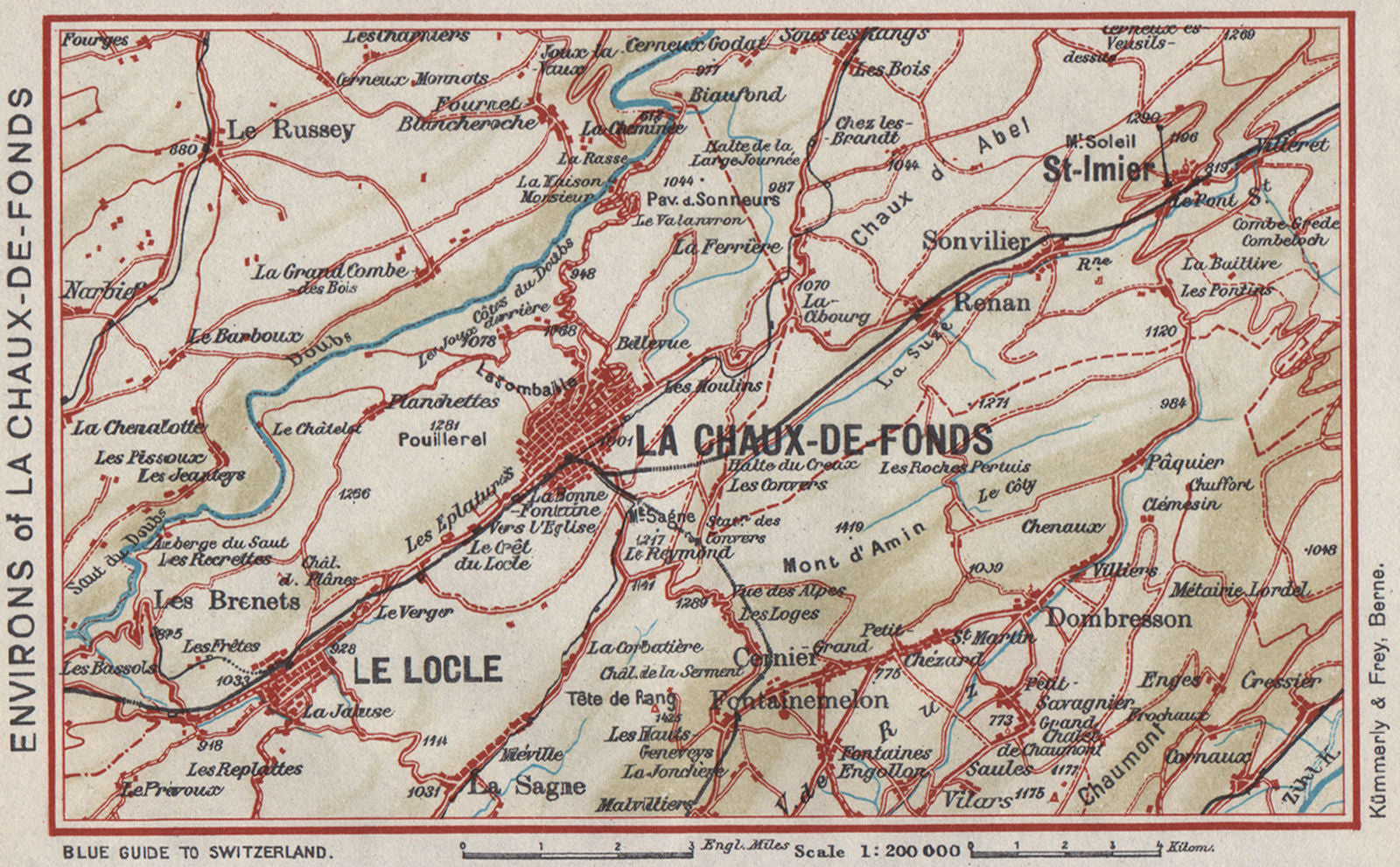 LA CHAUX-DE-FONDS ENVIRONS. Vintage map. Le Locle. St-Imier. Switzerland 1948